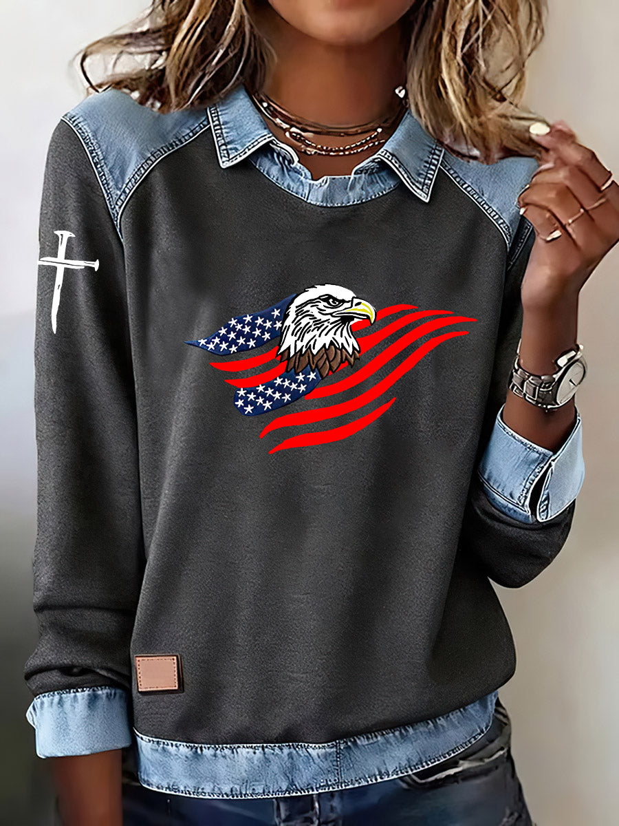 Women'S Flag And Bald Eagle Print Lapel Long Sleeve Top