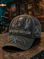 “No Veteran Fights Alone” PTSD Awareness Skull Vintage Military Baseball Cap