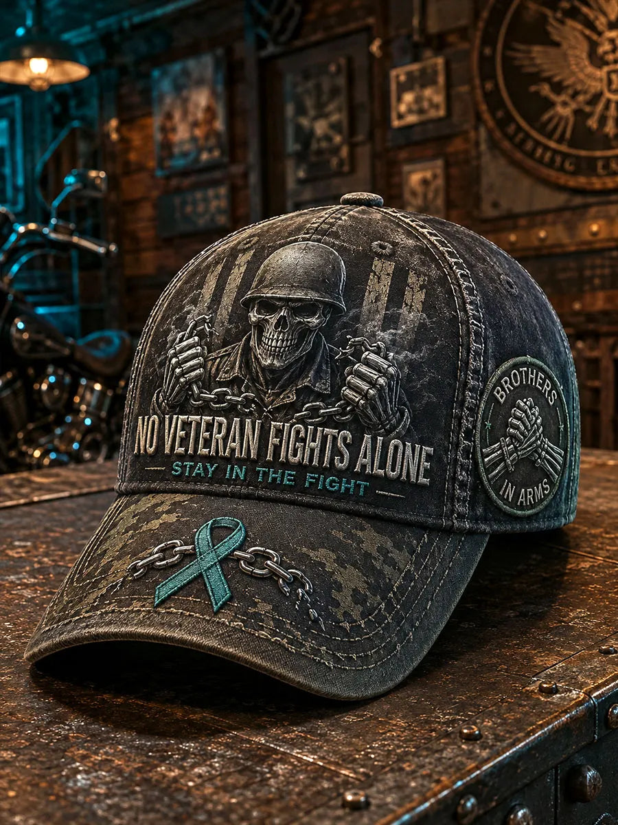 “No Veteran Fights Alone” PTSD Awareness Skull Vintage Military Baseball Cap