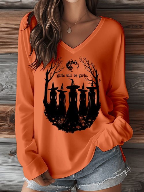 ?HOT SALE?Women's Halloween Girls Will Be Girls. Print V-Neck Long Sleeve T-Shirt
