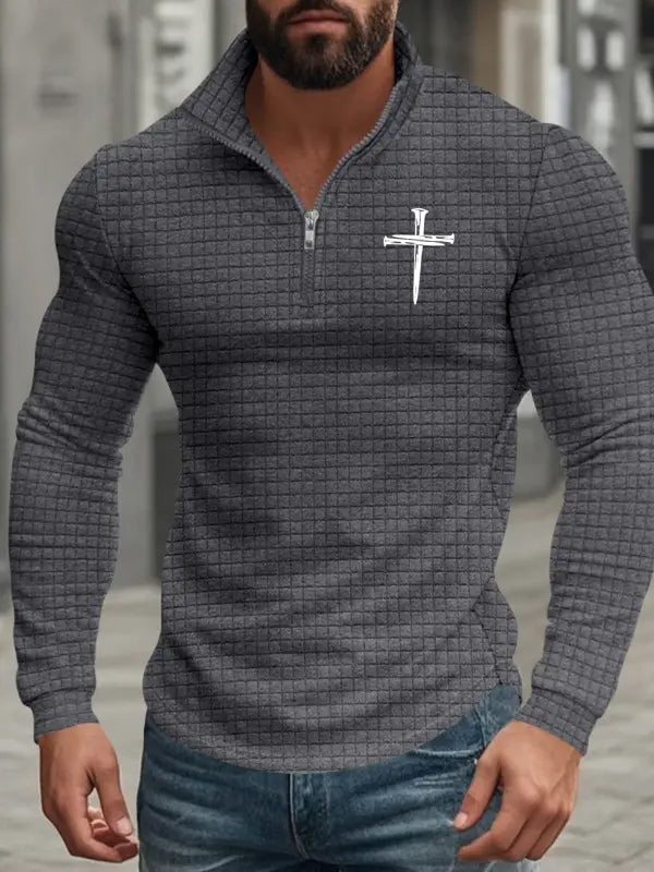 Men's American Retro Autumn And Winter Half-Zip Small Plaid Cross Pattern Casual Stand-Up Collar Long-Sleeved Sweatshirt