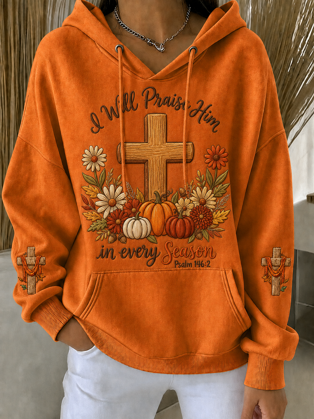 Women's Retro Pumpkin Flower Cross Hoodie