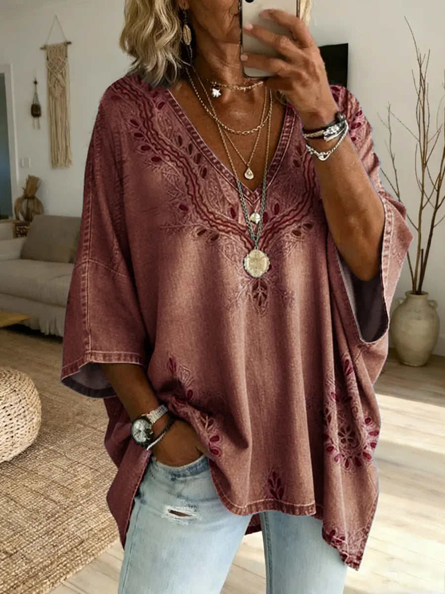 Ethnicity Texture Flowers Women's Art Print Casual Washed Cotton Denim Top