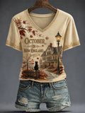 Women's OCTOBER IN NEW ENGLAND Printed V-neck T-shirt