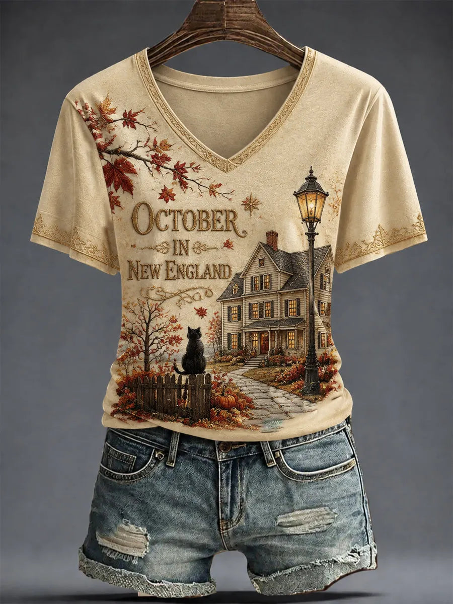 Women's OCTOBER IN NEW ENGLAND Printed V-neck T-shirt