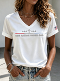 Women's One Nation Under God Cross Star American Flag Patch V-Neck Short Sleeve Casual Tee