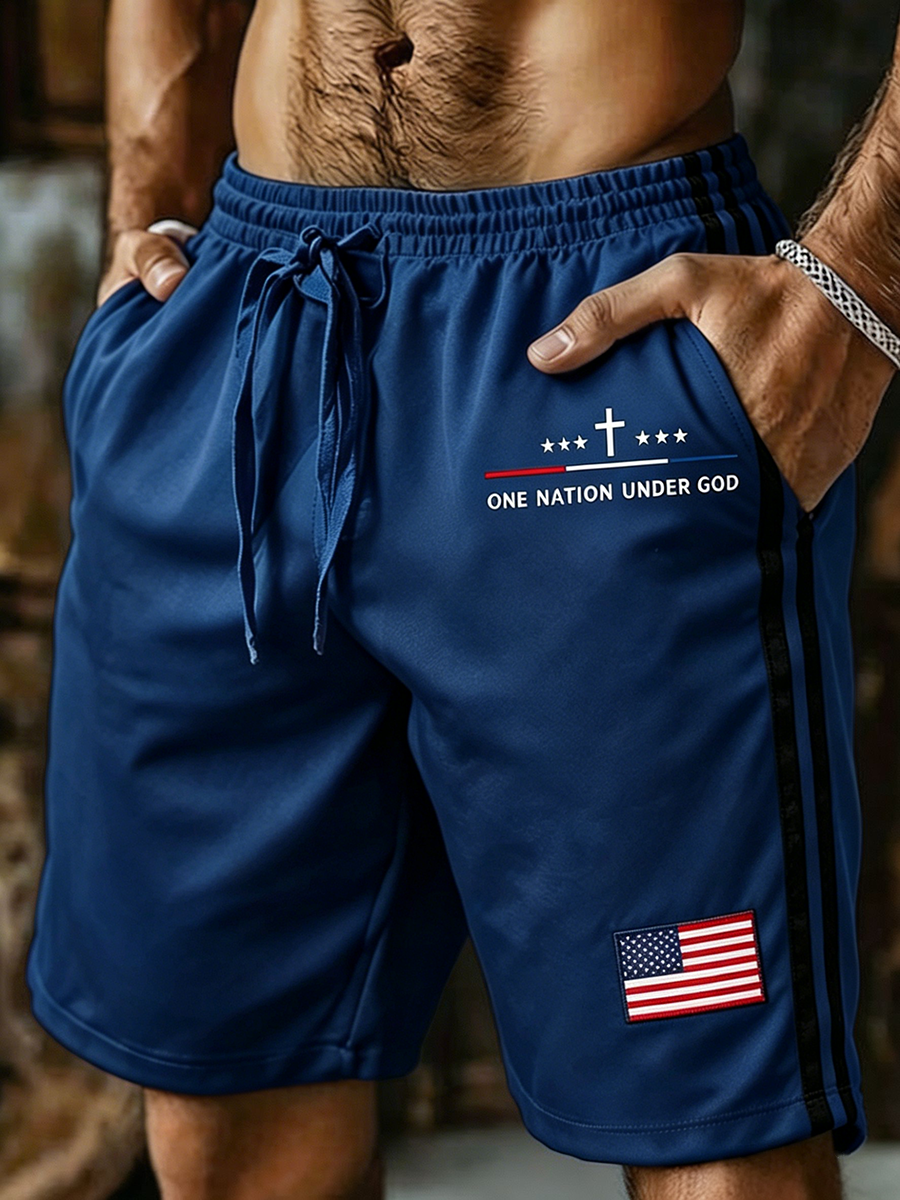 Men's One Nation Under God Cross Star US Flag Patch Striped Drawstring Casual Sports Running Shorts