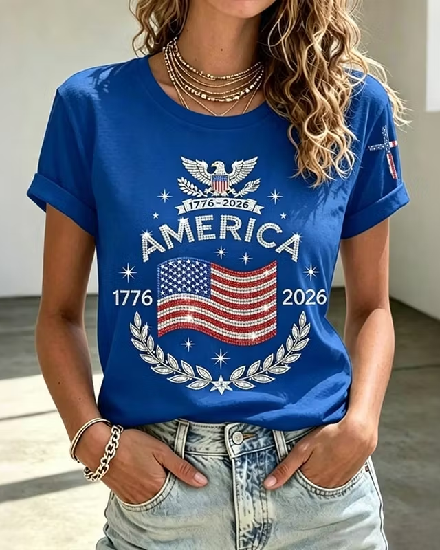 Women's Anniversary Flag Hot Diamond Print Crew Neck Short Sleeve Tshirt