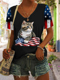 Women's Independence Day Cat Patriotic 4th of July American Flag Printed Retro T-Shirt