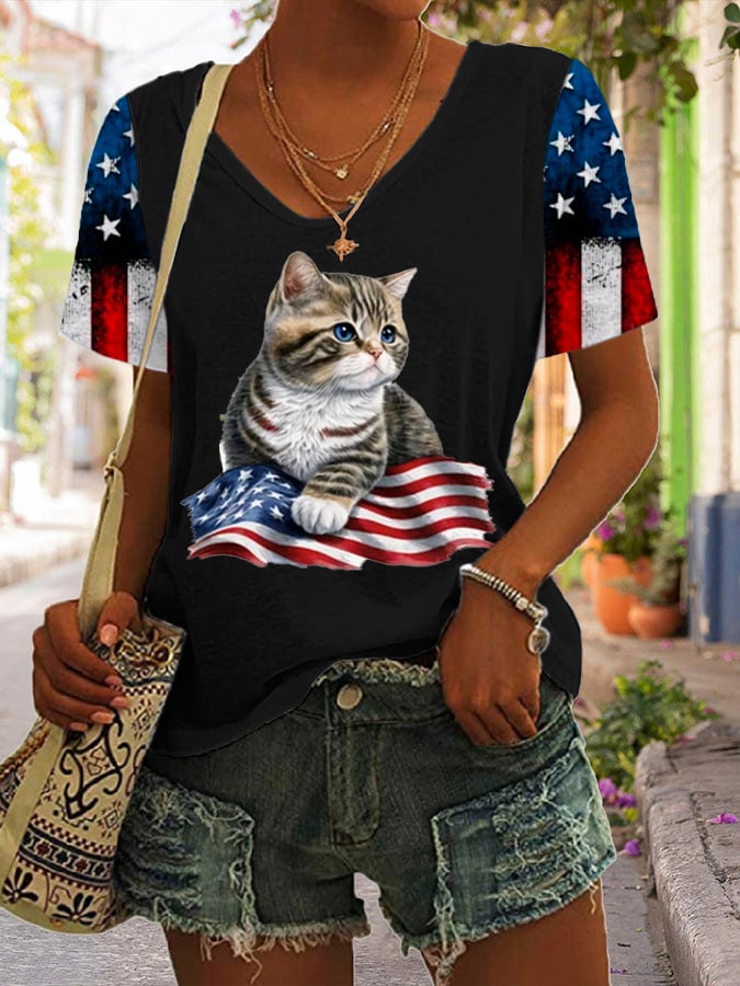 Women's Independence Day Cat Patriotic 4th of July American Flag Printed Retro T-Shirt