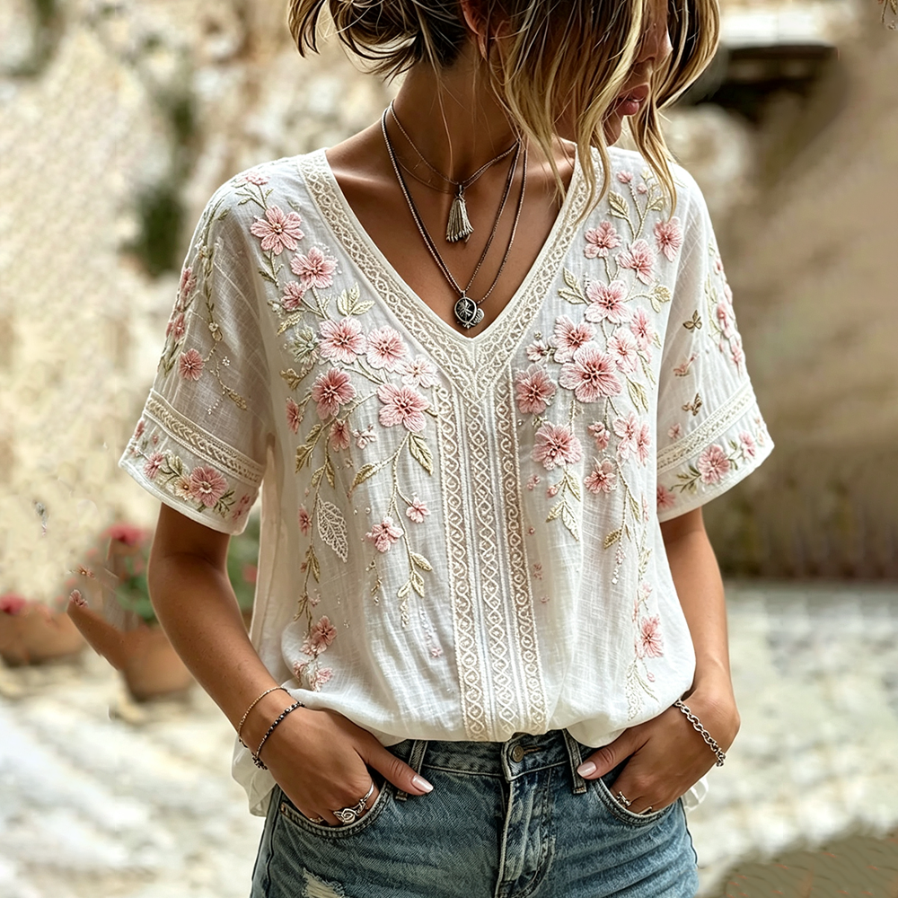 Women'S Pink Floral Print Cotton And Linen Short-Sleeve T-Shirt