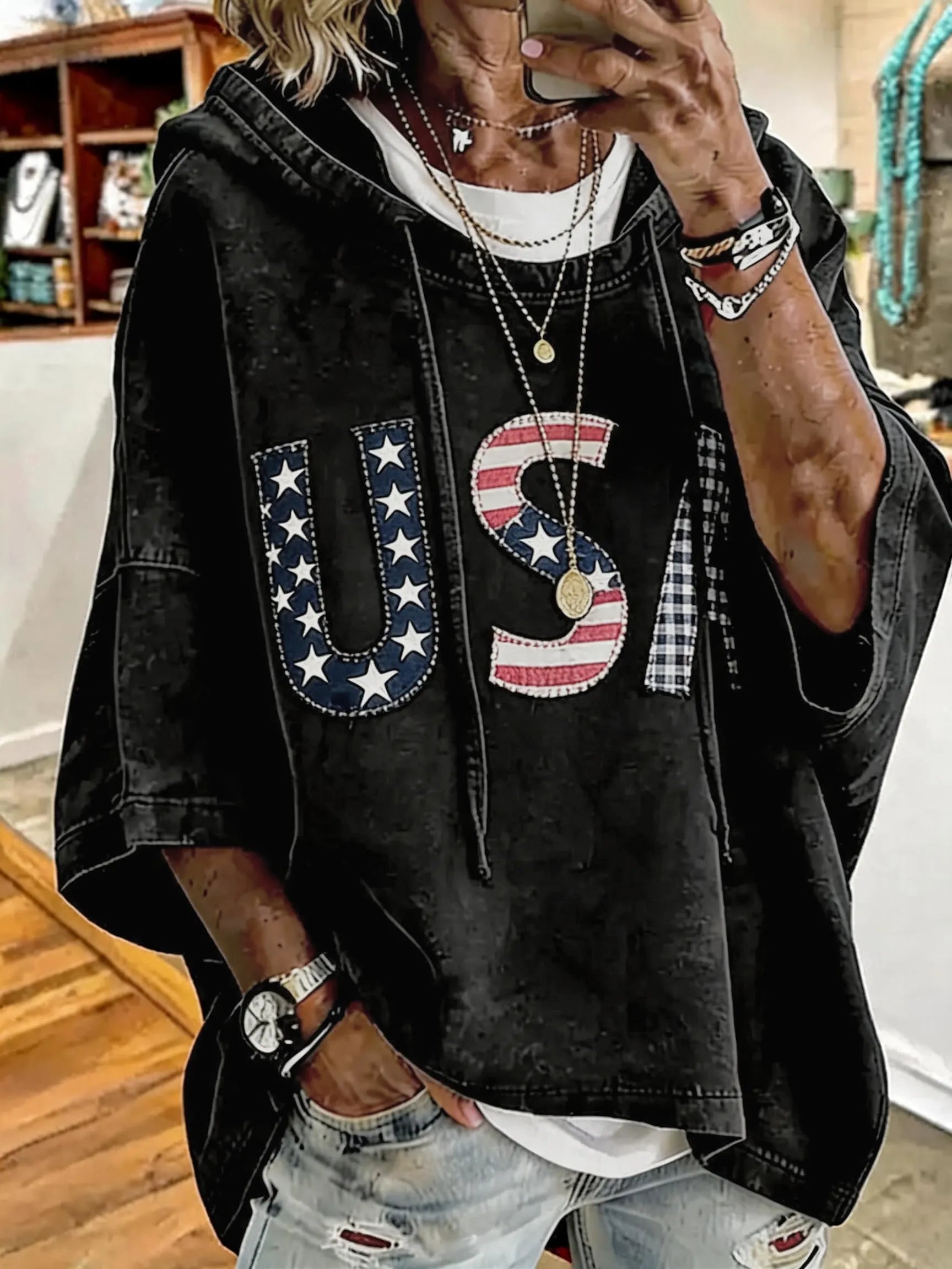 Patriotic Red USA Star Stripe Applique Oversized Hoodie