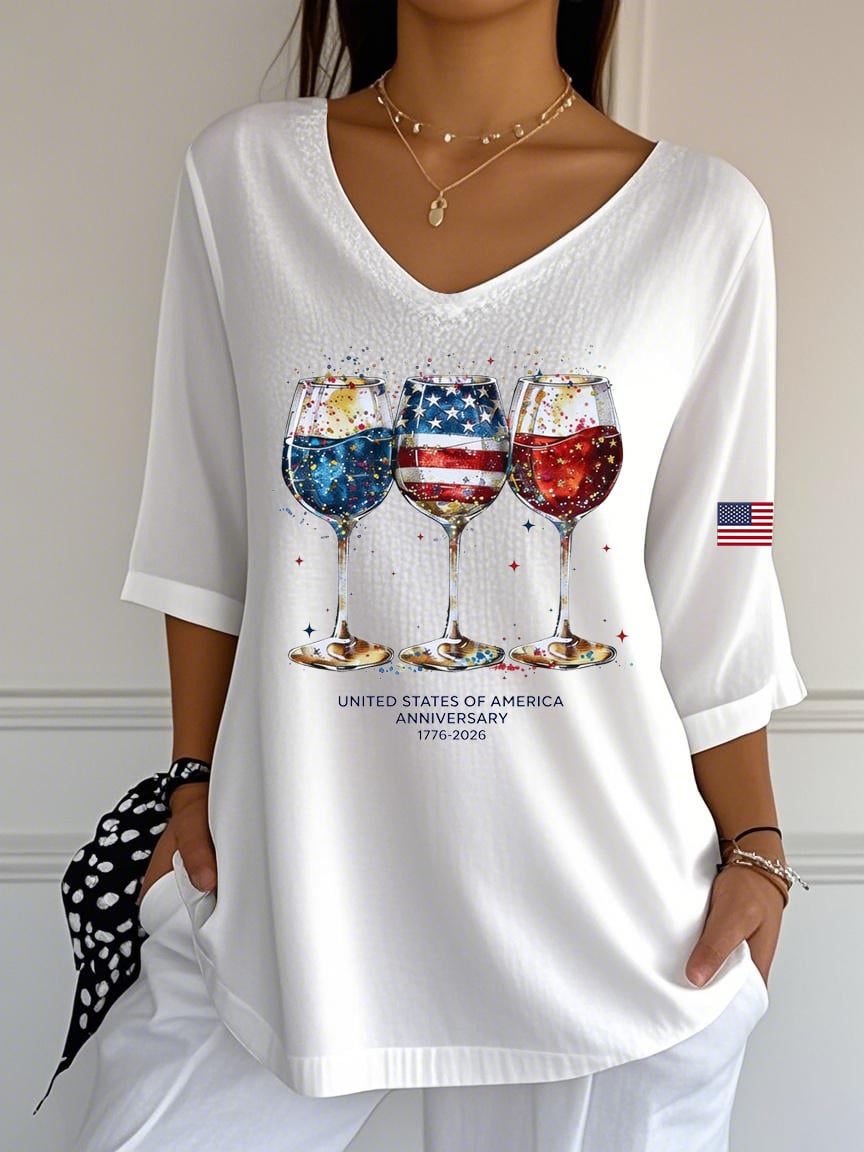 Women's American Flag Red Wine Glasses Celebrate Casual V-Neck T-Shirt