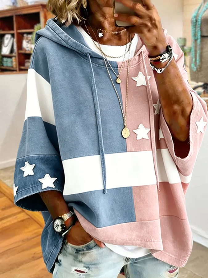 American Flag Star Striped Denim Patchwork Hooded Poncho Sweatshirt