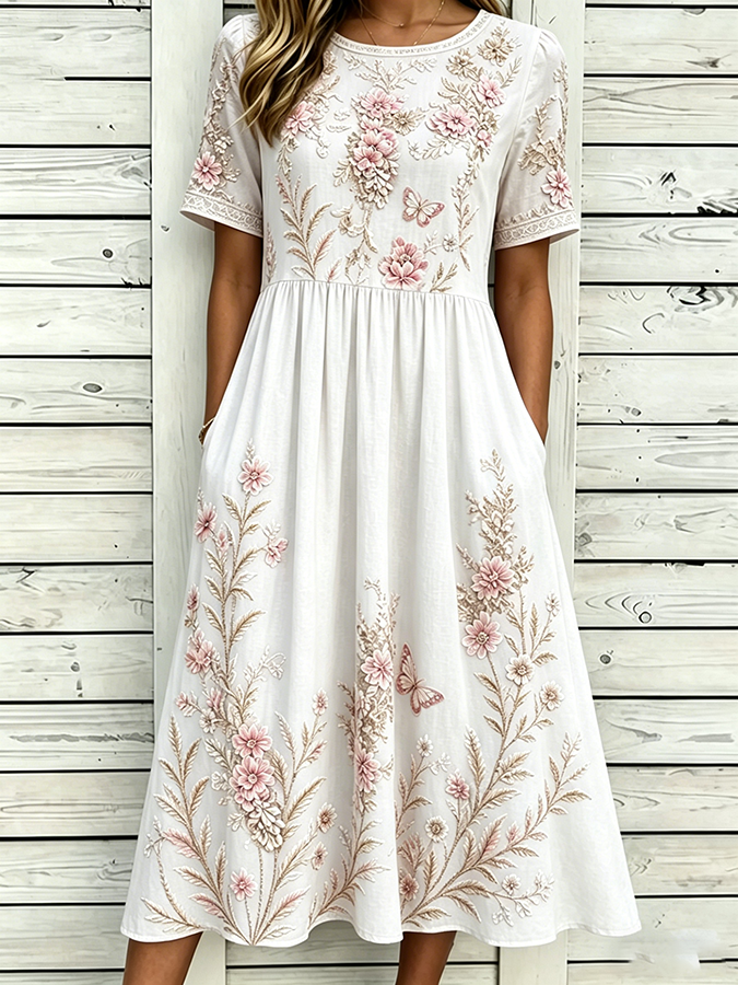 Women's Floral print Cotton Linen Short-Sleeved Dress