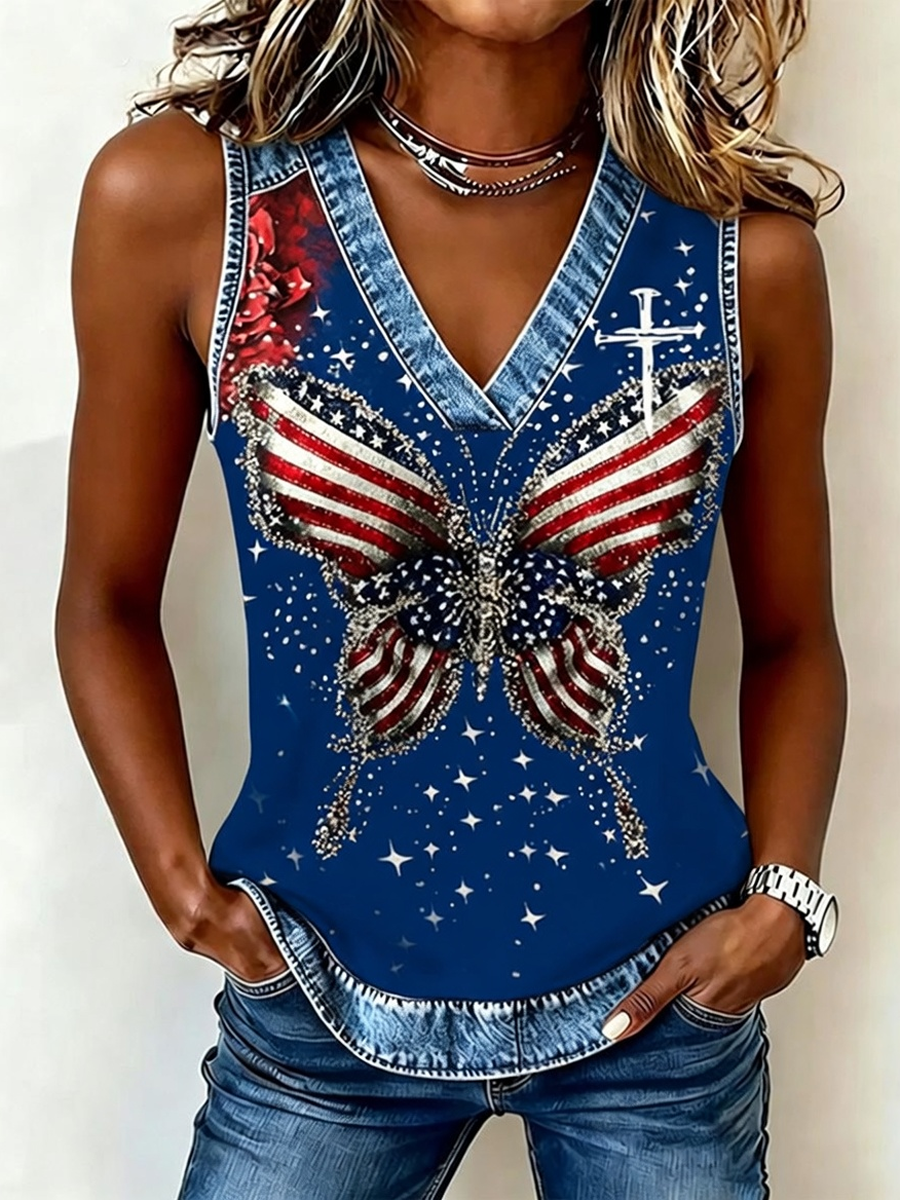 Women's cross butterfly flag printed casual V-neck vest