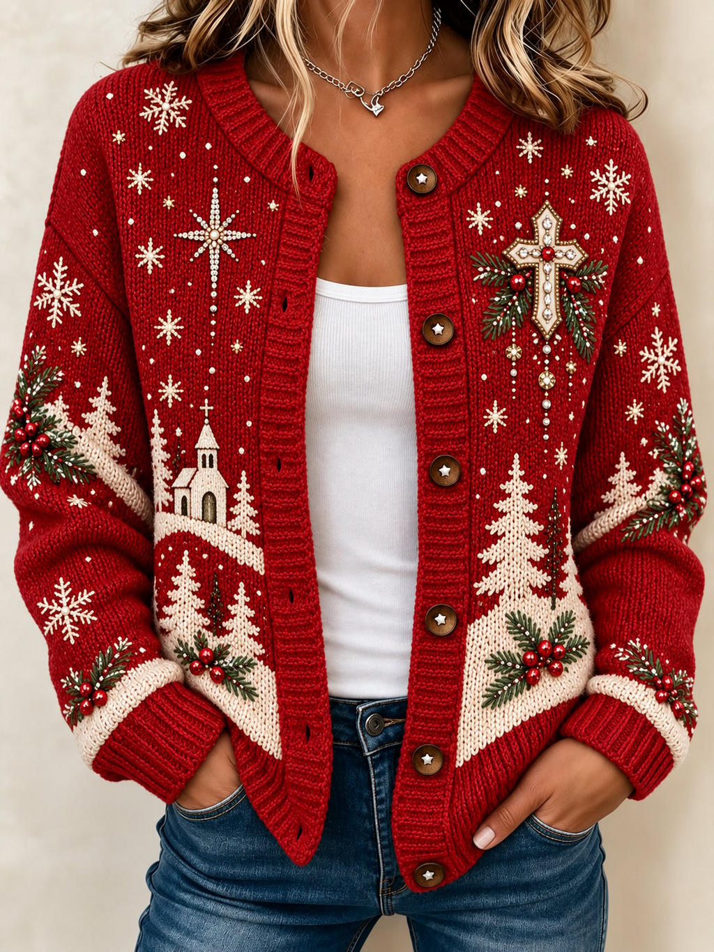 Women's Casual Printed Knit Cardigan