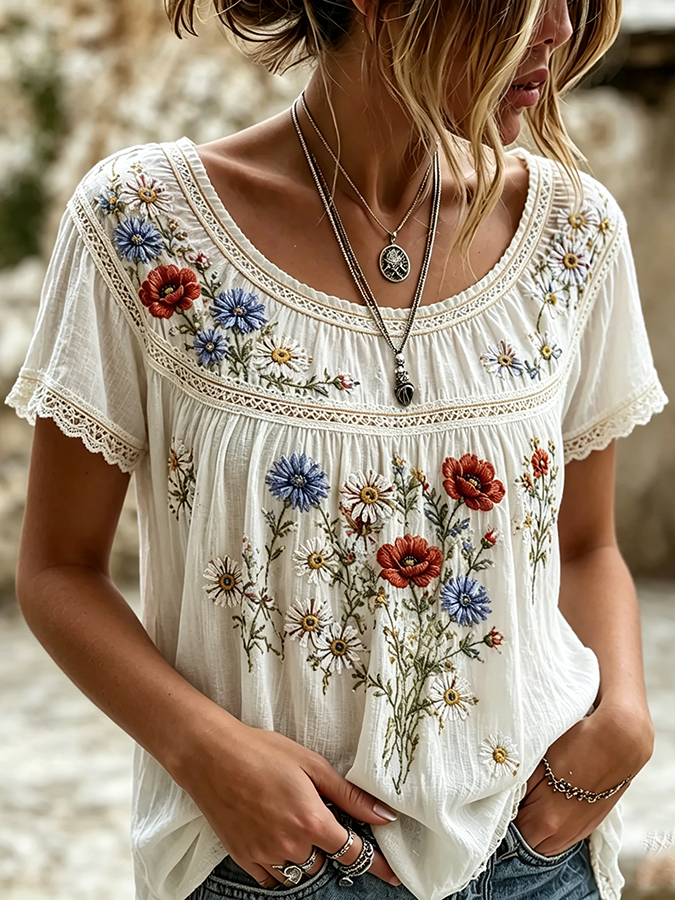 Women's casual floral print cotton and linen round neck top