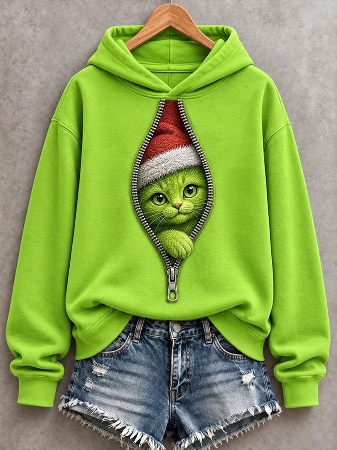 Women's Christmas Funny Cat Ew,People Print Casual Hoodie