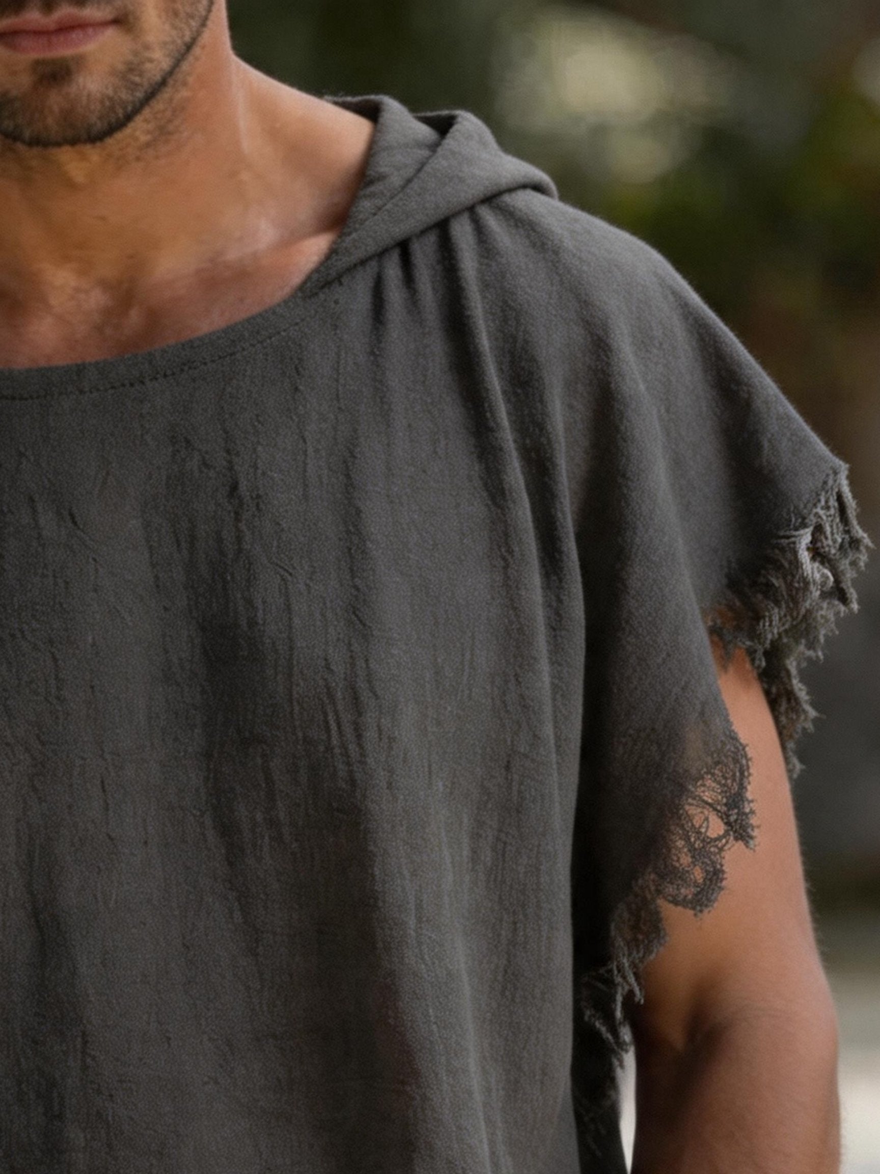Men's Vintage Cotton-Linen Hoodie with Distressed Raw Edges
