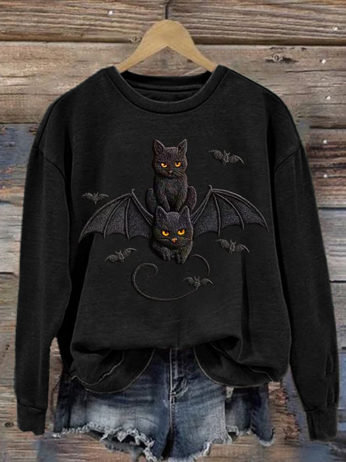 Women's Autumn Halloween Cute Bat and Black Cat Printed Casual Holiday Round Neck Sweatshirt