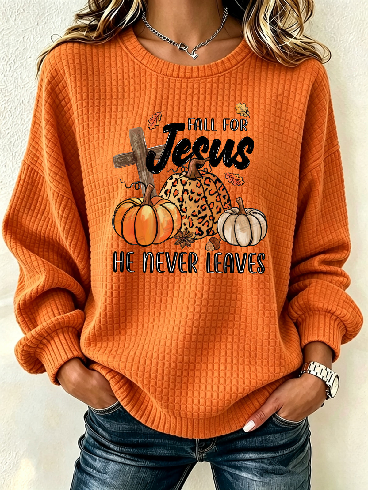 Women'S Waffle Orange Art Round Neck Checkered Sweatshirt