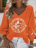 Women's Halloween Witches Brew Coffee Print Casual Puff Sleeve Top