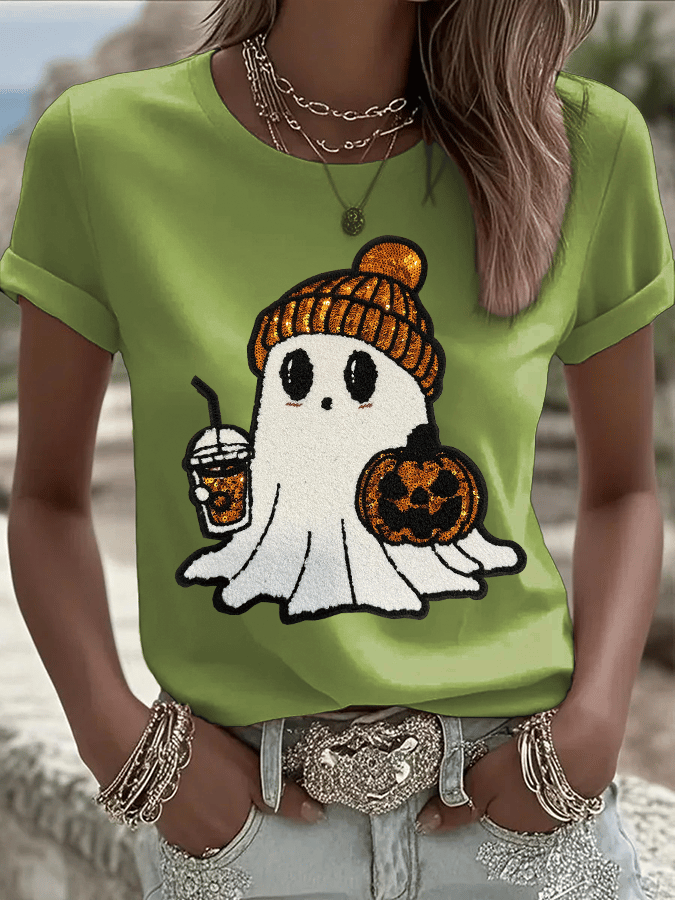 Women's Halloween Ghost Print Crew Neck T-Shirt