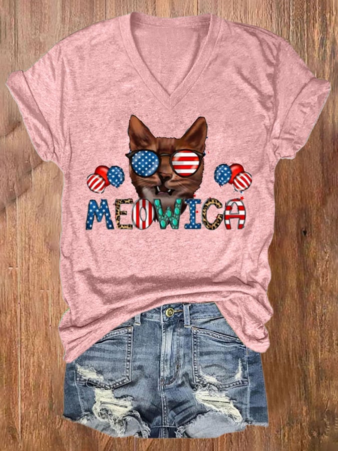 Women's Independence Day Cat Patriotic Vintage Print T-Shirt