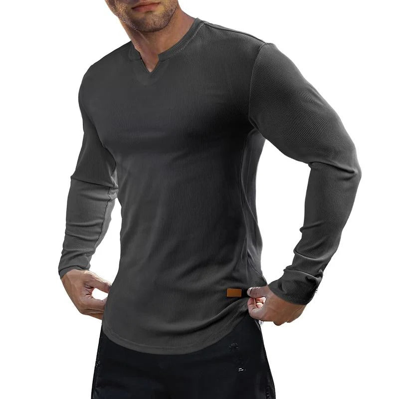 Men's Plain Casual Muscle Shirts for Men Slim Fitted T Shirt V-Neck Longline Ribbed Tees Shirts Long Sleeve Gym Workout Athletic Menswear Tops