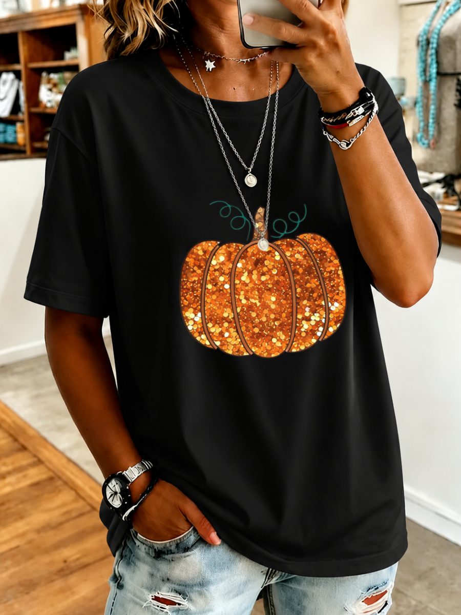Women's  Halloween Floral Pumpkins Print Cotton T-Shirt