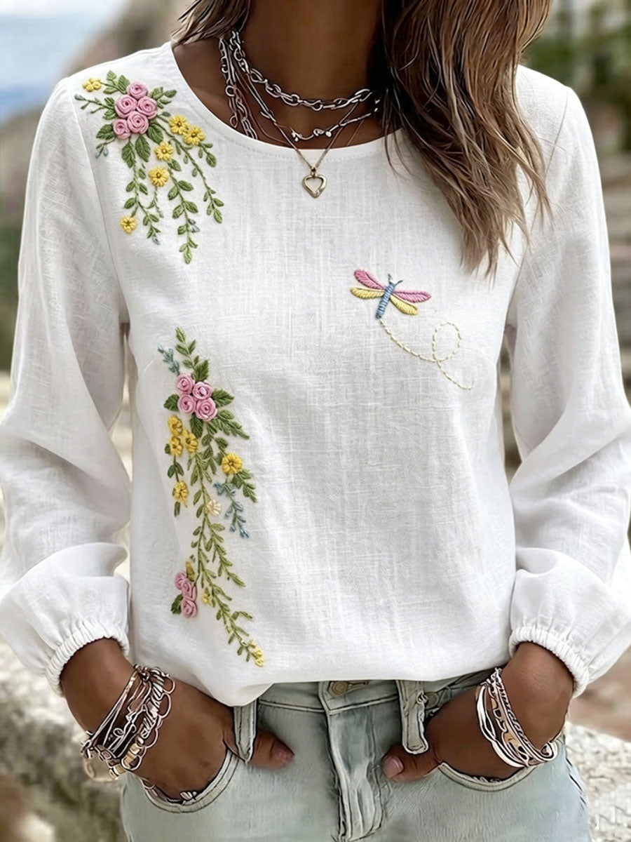 Women'S Casual Floral Print Cotton Linen Top