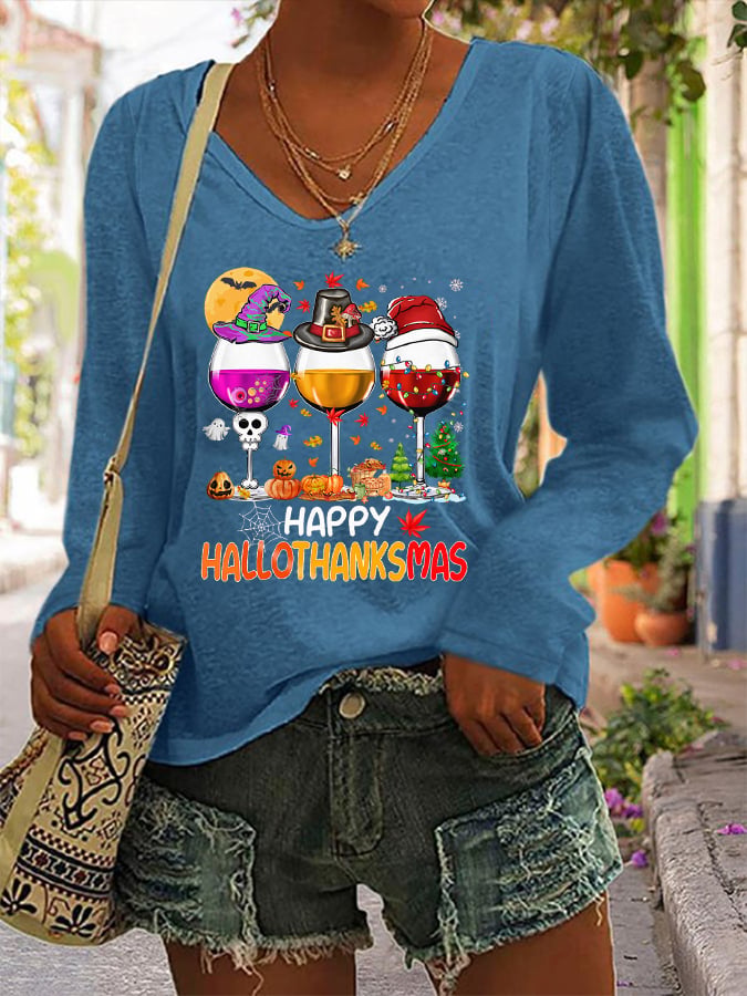 Women's Happy Hallothanksmas Wine Print Long Sleeve V-Neck T-Shirt