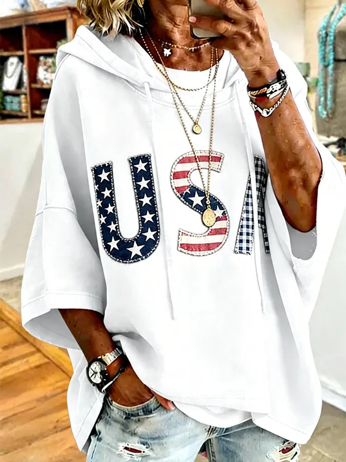 Patriotic Red USA Star Stripe Applique Oversized Hoodie