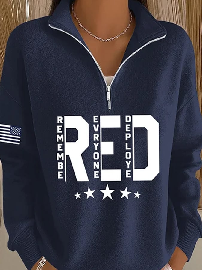 Women's Red Friday Print Casual Long Sleeve Zip Sweatshirt