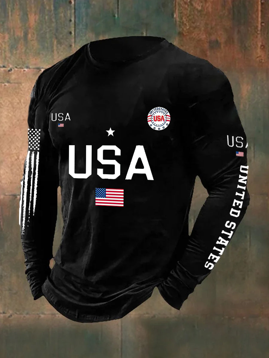 USA Flag Printed Long Sleeve Cotton T-Shirt
