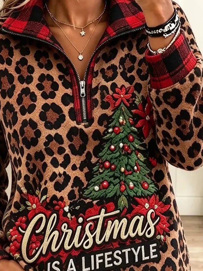 Women'S Christmas Print And Leopard Patchwork Sweatshirt