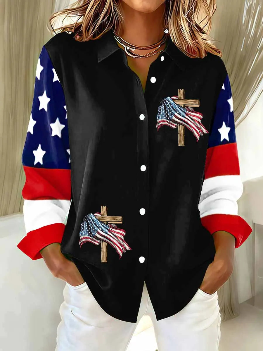 Women's US Flag And Cross Printed Casual Long Sleeve Shirt