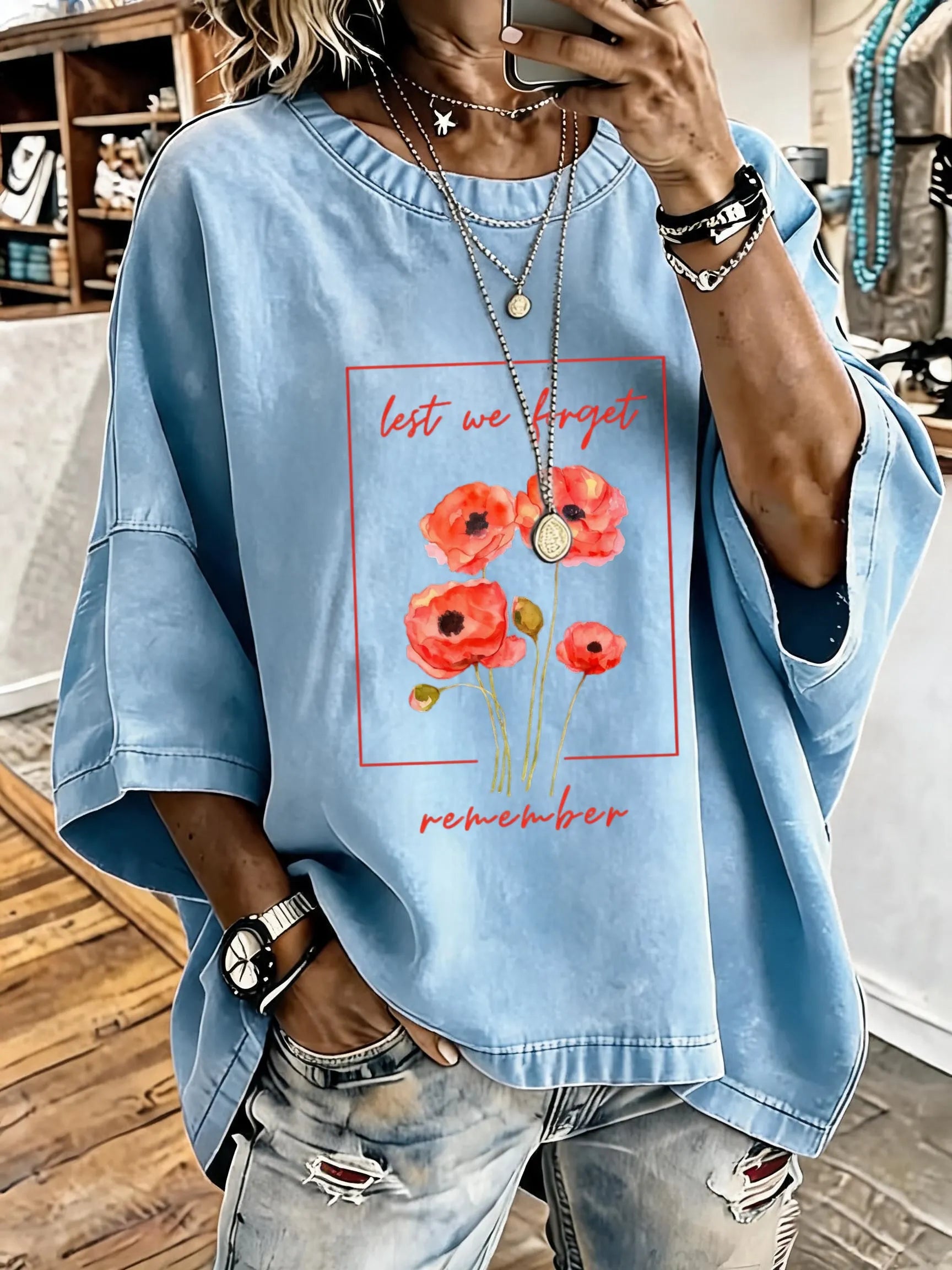 Women'S Vintage Distressed Washed Remembrance Day Oversized T-Shirt