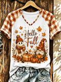 Women's Fall Printed V-neck off-shoulder short-sleeved T-shirt