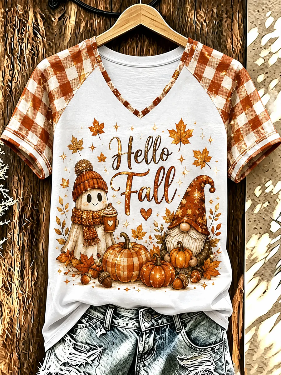 Women's Fall Printed V-neck off-shoulder short-sleeved T-shirt