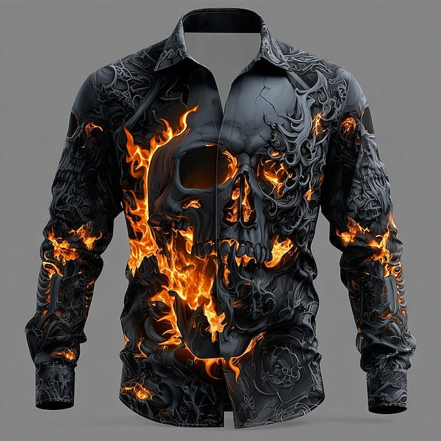 Halloween Men's Skull Flame Costumes Shirt Button Up Shirt Long Sleeve Dark Punk Gothic Style Outdoor Holiday Summer Spring Turndown 3D Print Collared Shirts Black