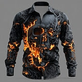 Halloween Men's Skull Flame Costumes Shirt Button Up Shirt Long Sleeve Dark Punk Gothic Style Outdoor Holiday Summer Spring Turndown 3D Print Collared Shirts Black