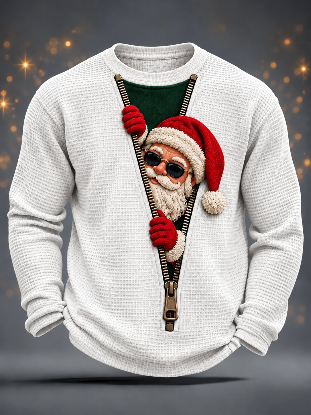 Herren-Weihnachts-Waffel-Langarmshirt mit Weihnachtsmannmotiv