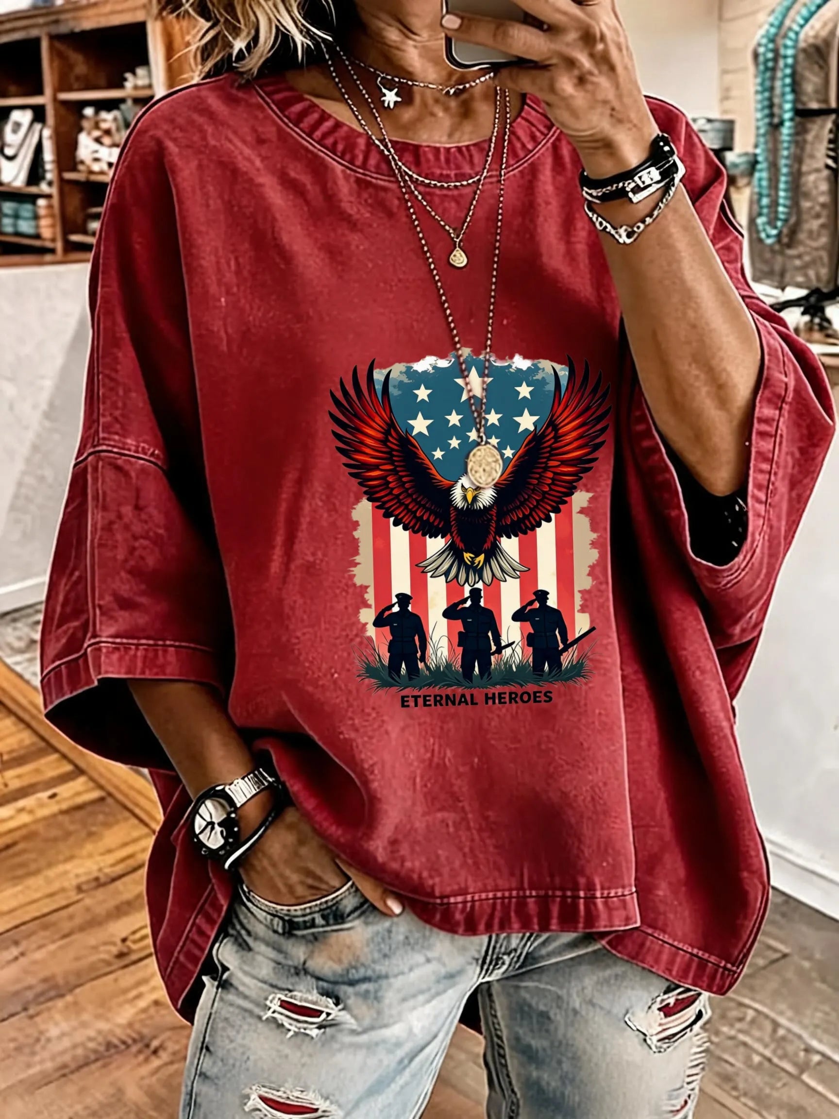 Women'S Vintage Distressed Washed Patriotic Eagle Eternal Heroes Oversized T-Shirt