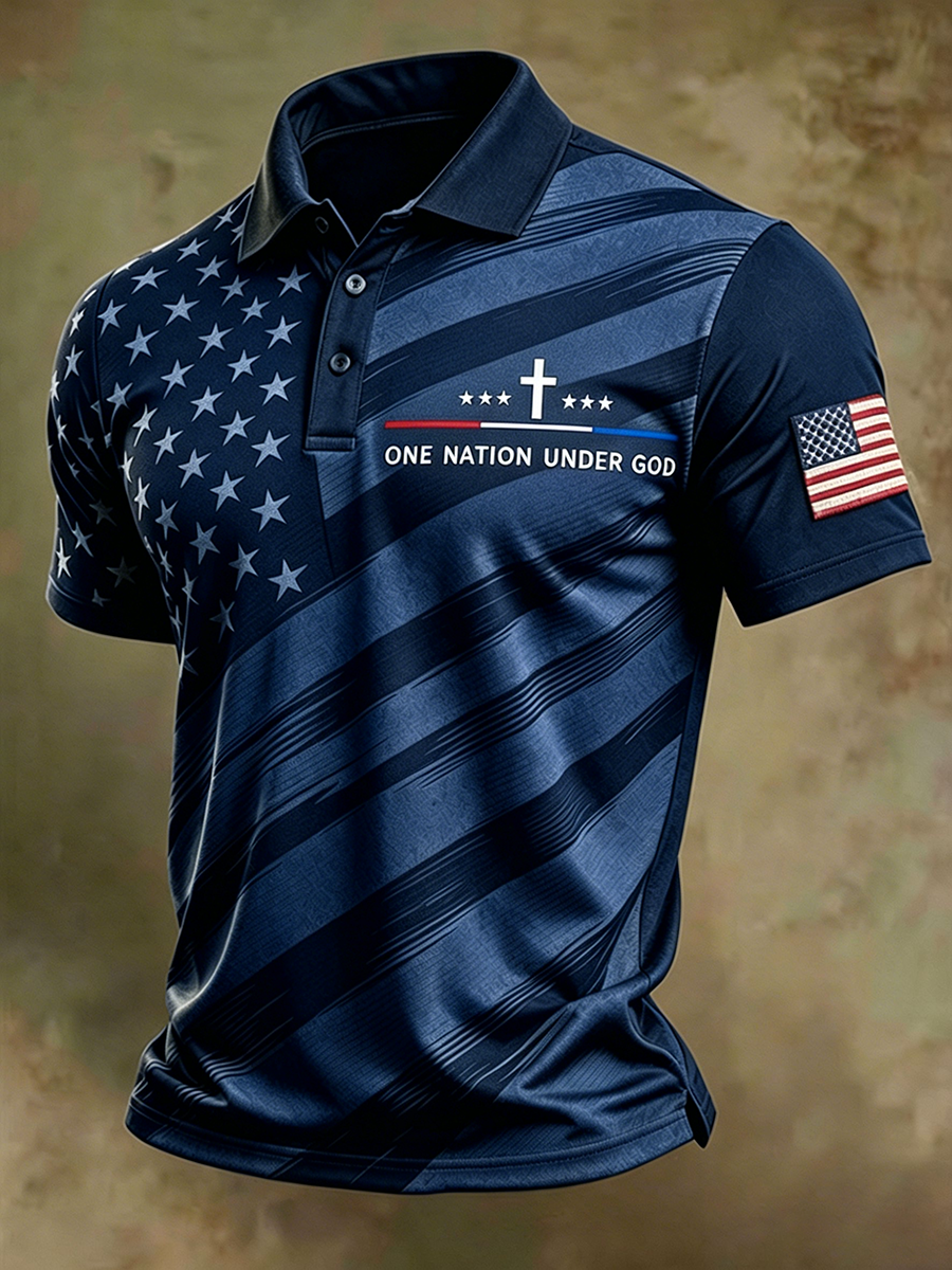 Men's One Nation Under God Cross Star Vintage American Flag Star Stripe Polo Shirt