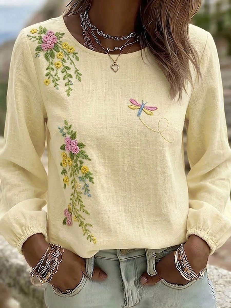 Women'S Casual Floral Print Cotton Linen Top
