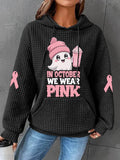 Women's In October We Wear Pink Halloween Ghost Breast Cancer Awareness Warrior Waffle Hoodie