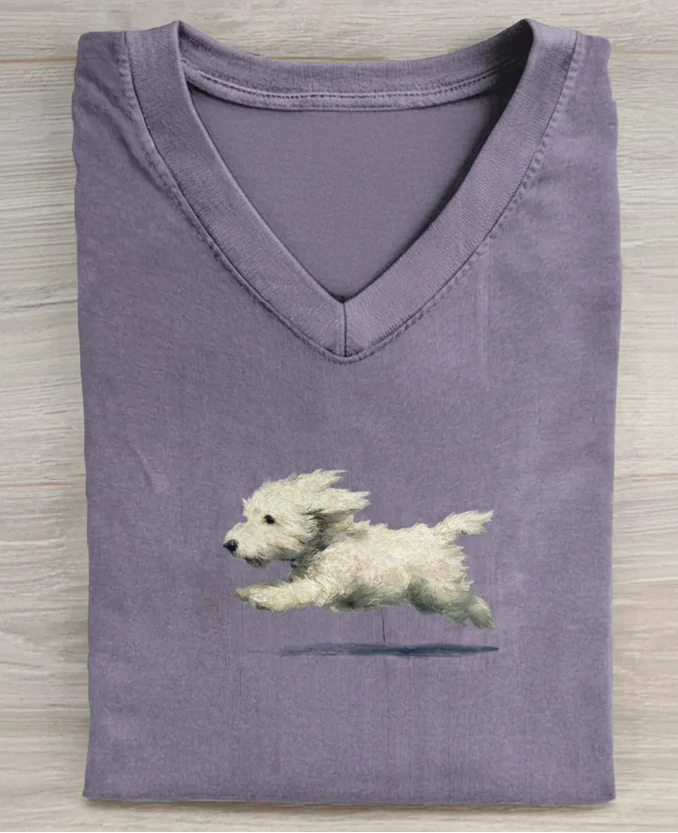 Funny Retro Cute Running White Dog Art Print V-neck Casual T-shirt