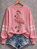 Women's Christmas Pink Flamingo Print Fleece-Lined Crewneck Sweatshirt